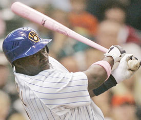 Bill Hall swinging a pink bat during his Mother's Day walk-off for the Milwaukee Brewers