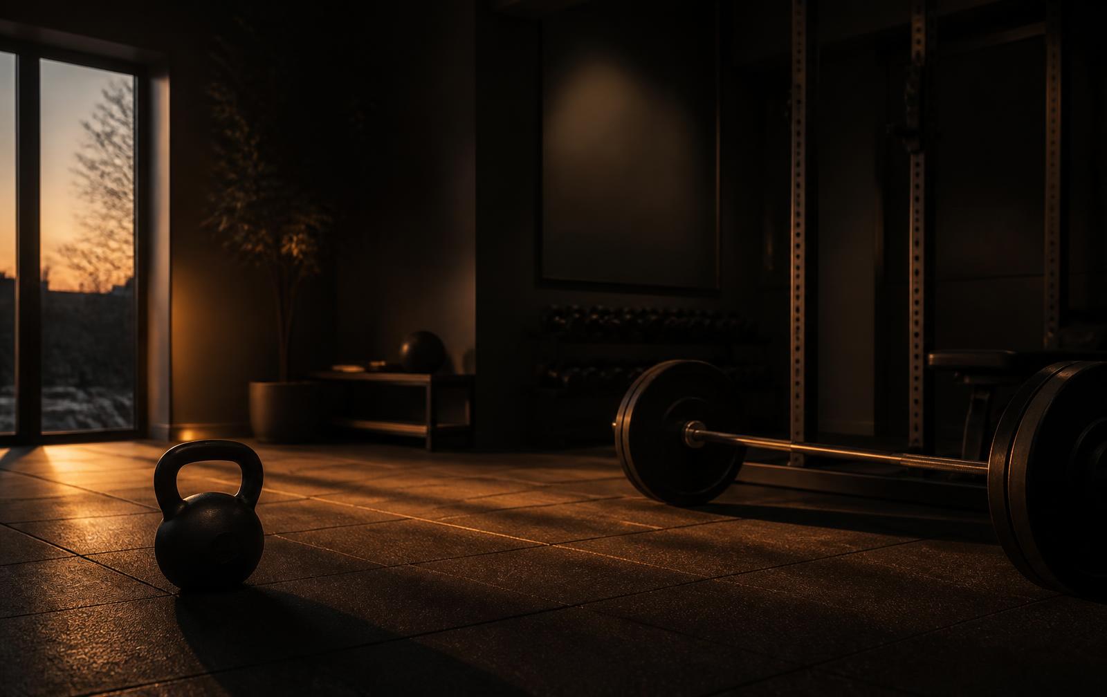 Private training studio at dusk with a kettlebell and barbell on the floor